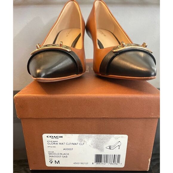 NWOB Coach “Gloria” Pumps Chestnut Brown Black Pointed Toe Women’s Shoes SZ 9 M - Picture 2 of 11